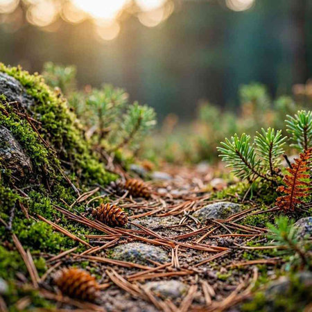 Pine needles and moss on the ground in the forest at sunset