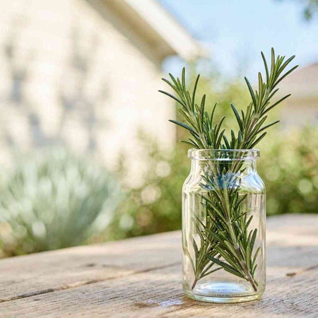 Rosemary in a glass jar on a wooden table in the garden