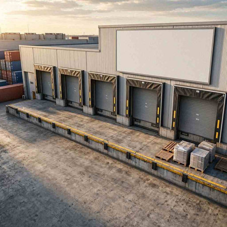 3D rendering of an industrial building with a roller shutter door.