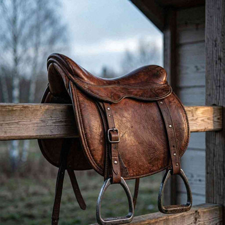 Horse Saddle on a wooden fence in the countryside. Close-up.