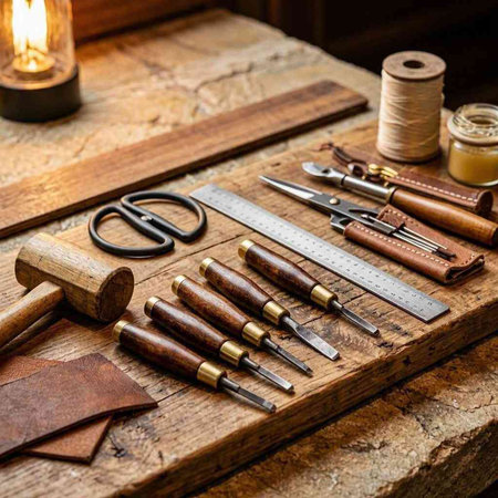 Leather craft tools on a wooden table. Craftsman tools