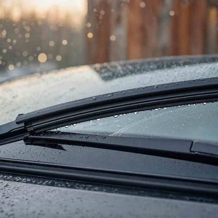 Raindrops on the windshield of a car after a snowfall.
