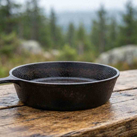 A black cast-iron frying pan on a wooden table in the mountains