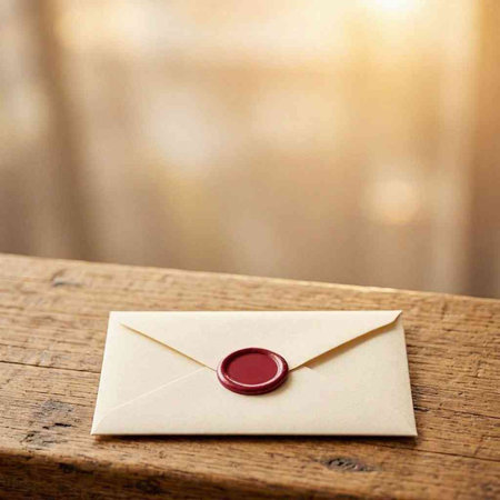 Envelope with wax seal on a wooden table in a cafe