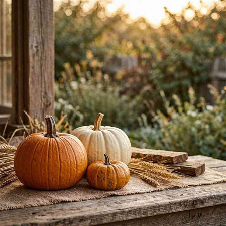 Autumn still life with pumpkins and wheat ears on a wooden table