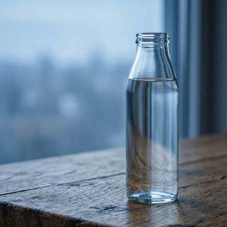 Glass bottle of water on a wooden table against the background of the window