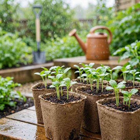 Small seedlings of pepper in peat pots and watering can in the background