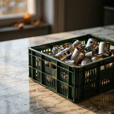 A metal box filled with coins on a marble countertop in a kitchen