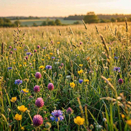 Beautiful meadow with wildflowers in summer at sunset.