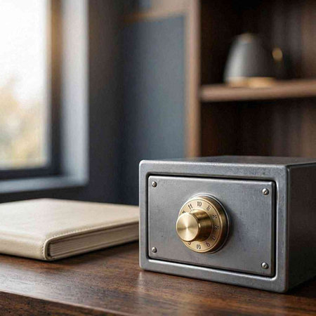 A metal safe with a book on a wooden table in a room
