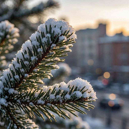 Pine branch covered with snow on a background of the city.