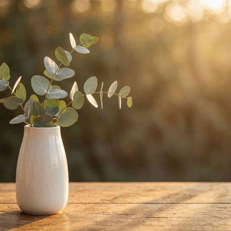 Eucalyptus branches in a white vase on a wooden table
