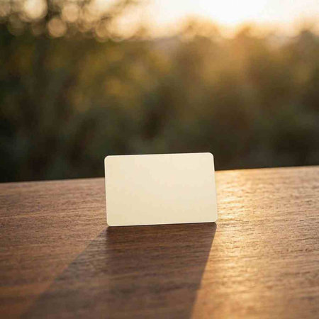 Blank business card on a wooden table in the sunset light.