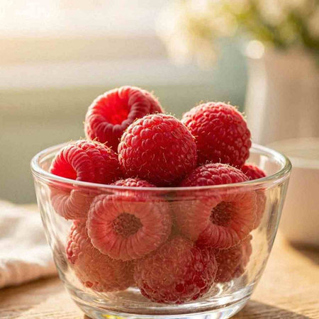 Raspberries in a glass bowl on a wooden table. Selective focus.