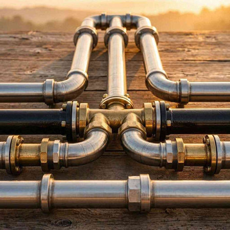 Pipes on a wooden bridge in the morning light, close up