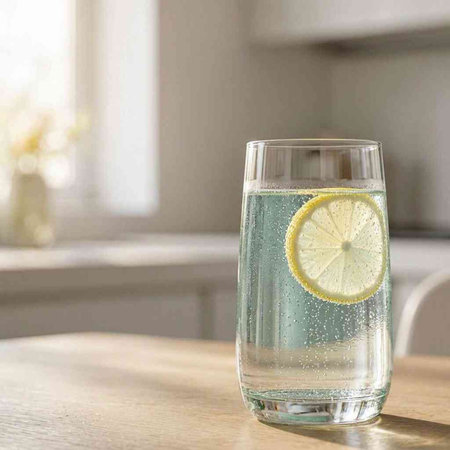 Glass of water with lemon on table in kitchen. Space for text