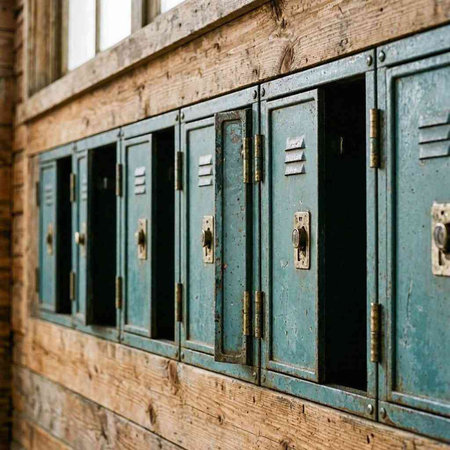 Old green metal lockers in an old school building, England.