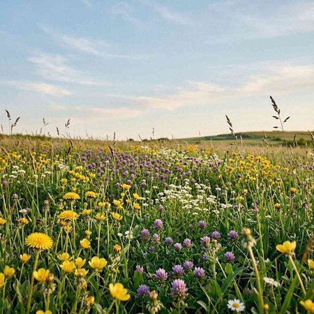 Meadow with wildflowers and dandelions in summer