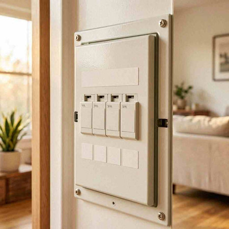 Electrical panel on the wall in the interior of a room.