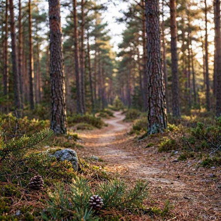 Path in the autumn pine forest with pine needles and moss on the ground