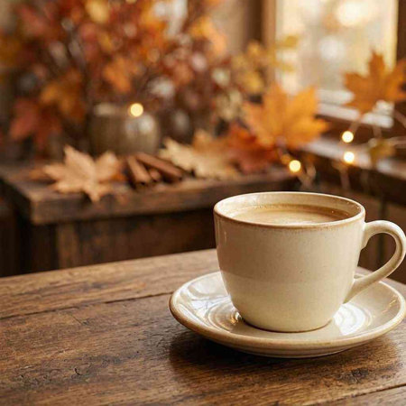 Cup of coffee on a wooden table with autumn leaves in the background