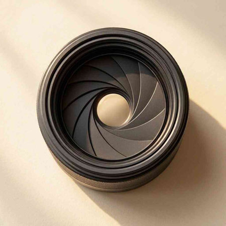 Camera lens on a white background. Close-up. View from above.