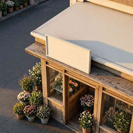Wooden shopfront with flowers and plants. 3d render.