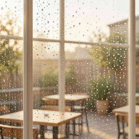 Raindrops on the window. Raindrops on the glass of a cafe.