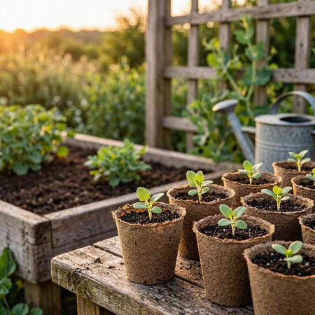 Small seedlings in peat pots on a wooden table in the garden