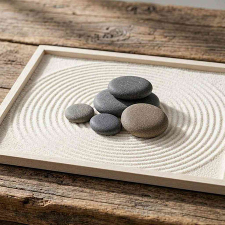 zen garden zen stones with wooden frame on rustic wooden table