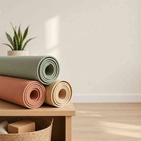 Rolled yoga mats on a wooden shelf in a room with a green plant