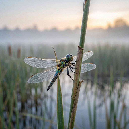 dragonfly on a stalk of reeds in the early morning.