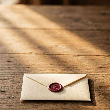 Envelope with red wax seal on wooden table in sunlight.