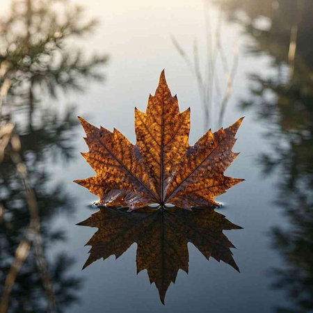 Autumn maple leaf on the water surface with a reflection of trees