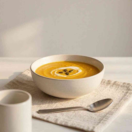Pumpkin soup in a bowl on a white table. Copy space.
