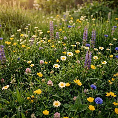 Wild flowers in the meadow at sunset. Beautiful summer landscape.