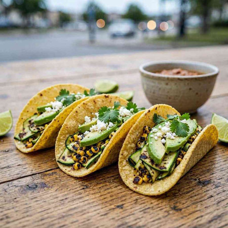 Mexican tacos with avocado, guacamole and sesame seeds