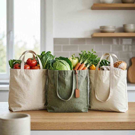 Zero waste shopping bag with fresh vegetables in the kitchen. Sustainable lifestyle concept.