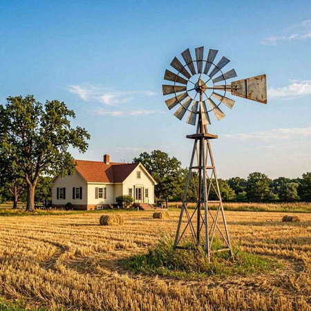 Old windmill in a wheat field with a house in the background