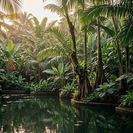 Beautiful tropical garden with pond and palm trees in the morning.