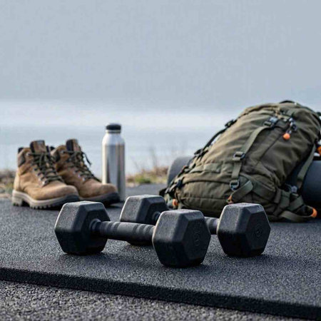 Fitness equipment on the beach, dumbbells and water bottle