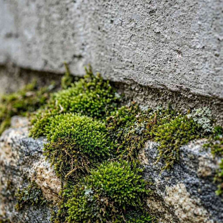 Green moss on the concrete wall, close-up. Nature background