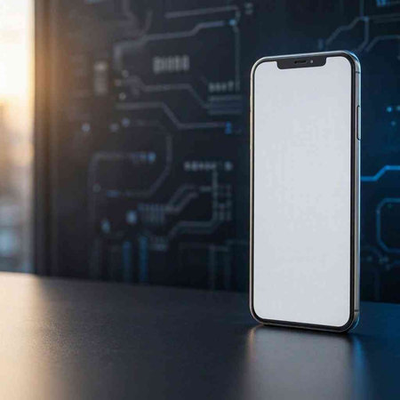 Smartphone with blank screen on table in office. 3d rendering