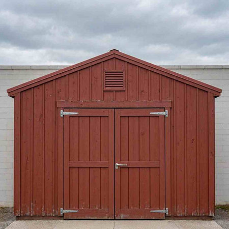 A closeup shot of a red wooden garage door under a cloudy sky