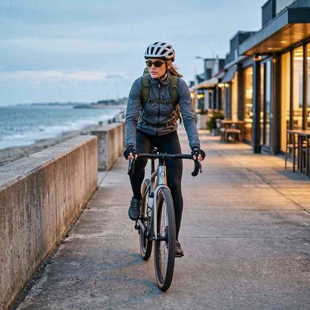 Cyclist riding a bicycle on a promenade along the sea