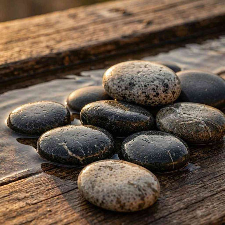 zen basalt stones in a water bowl on a wooden background.