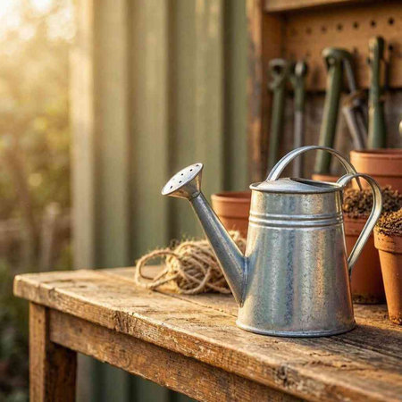 Watering can on a wooden table with garden tools in the background