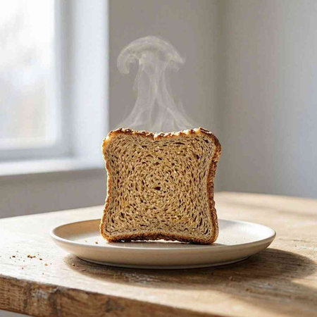 A piece of bread on a plate with smoke on a wooden table