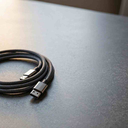 USB cable on a black background. Close up. Copy space.