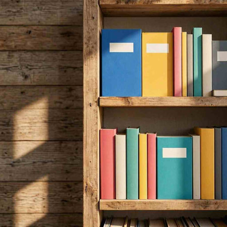 Bookshelf with colorful books on wooden background. Back to school